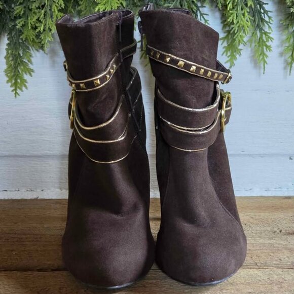 Size 8.5 De Blossom Collection Brown Gold Buckle Ankle Booties High Heels Shoes - Picture 2 of 16
